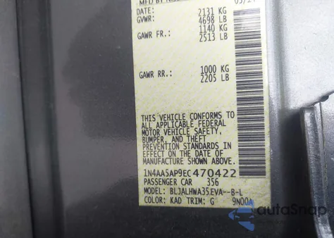 2014 Nissan Maxima 3.5 Sv z USA, uszkodzony, nr VIN 1N4AA5AP9EC470422